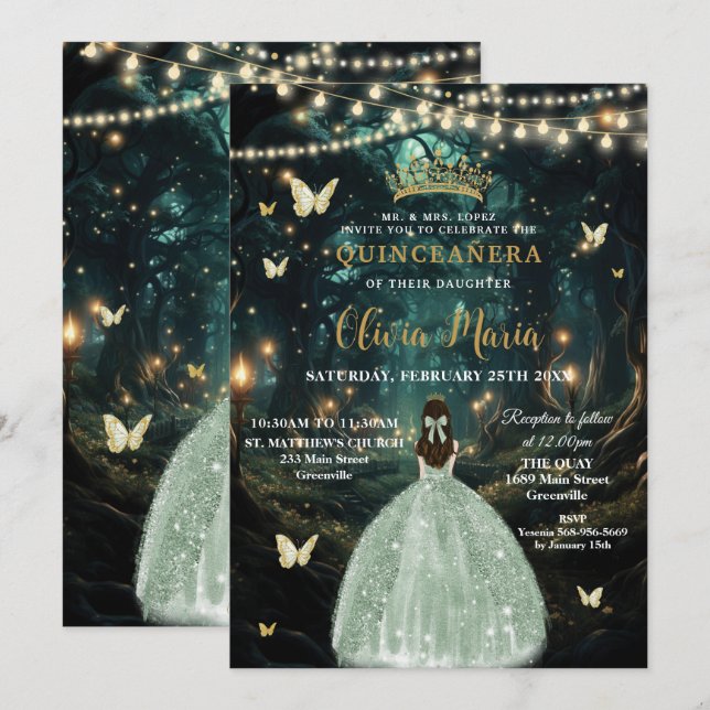 Invitation Robe verte de la forêt enchantée Quinceañera 16 (Devant / Derrière)