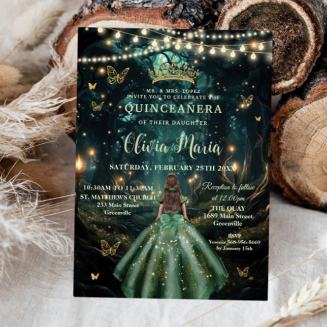 Invitation Robe verte émeraude de la forêt enchantée Quinceañ (Créateur téléchargé)