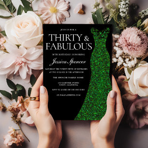 Invitation Robe verte émeraude et fête d'anniversaire noire d