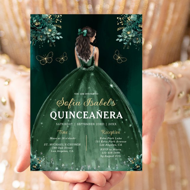 Invitation Robe verte Emeraude Florale Anniversaire Quinceane (Créateur téléchargé)