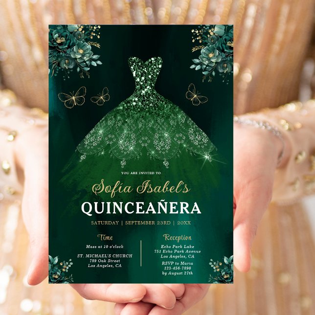 Invitation Robe verte Emeraude Florale Anniversaire Quinceane (Créateur téléchargé)