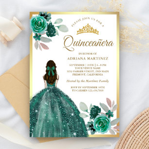 Invitation Robe verte émeraude florale dorée Quinceanera