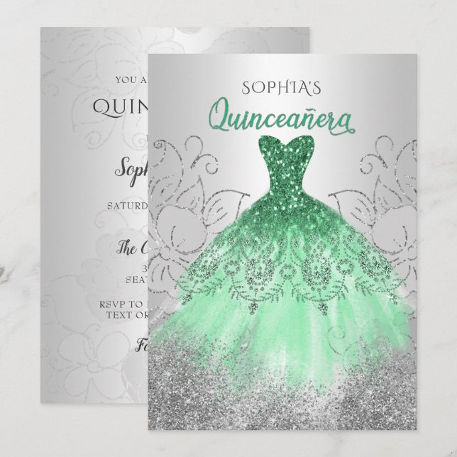 Invitation Robe verte en argent étincelle Quinceañera Quince (Devant / Derrière)