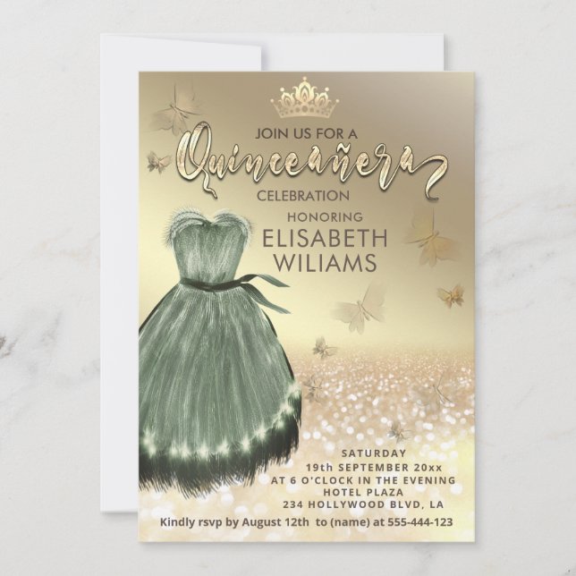 Invitation Robe verte et élégante en or Quinceañera (Devant)