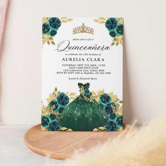 Invitation Robe verte Glam Floral 15ème Quinceañera (Créateur téléchargé)