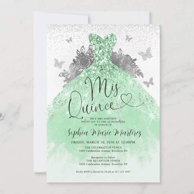 Invitation Robe verte Mis Quince Quinceañera (Devant)