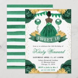 Invitation Robe Verte Peau Foncée Princesse Sweet 16