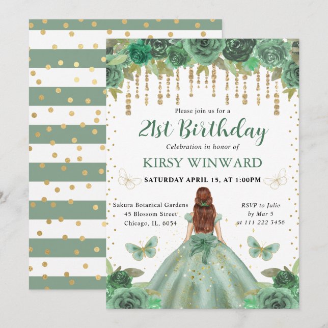 Invitation Robe verte Red Haired Princesse Anniversaire (Devant / Derrière)