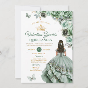 Invitation Robe Verte Sage Quinceañera 15 Anos Fleurs Or