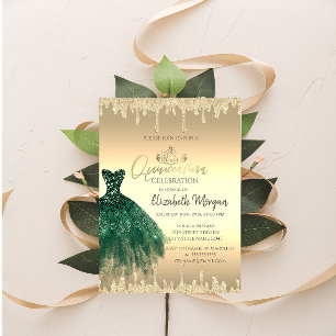 Invitation Robe verte,Tiara,Gouttes de paillettes Quinceañera