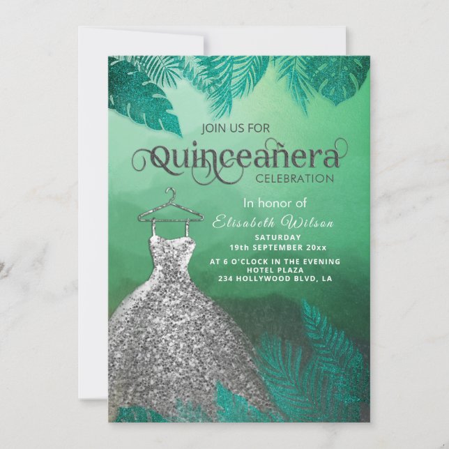 Invitation Robe verte tropicale estivale argent Quinceañera (Devant)