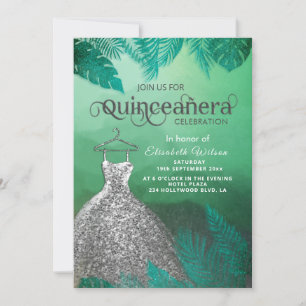 Invitation Robe verte tropicale estivale argent Quinceañera