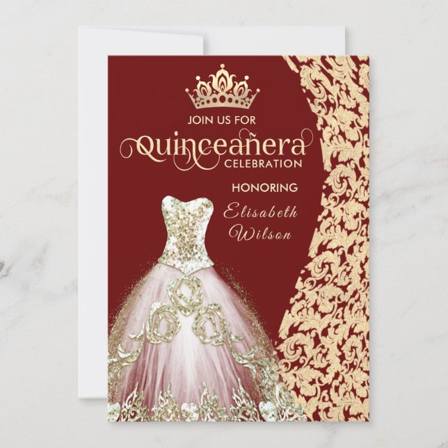 Invitation Robe vintage en or damask tiara Quinceañera (Devant)
