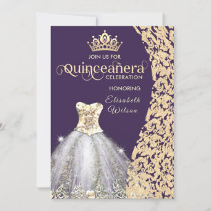 Invitation Robe vintage en or damask tiara Quinceañera Inv