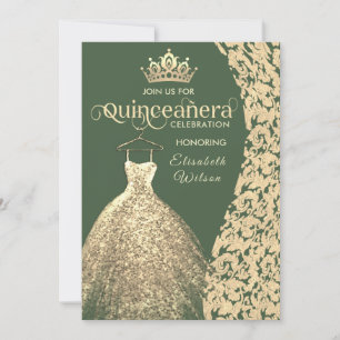 Invitation Robe vintage or damask tiara Quinceañera vert