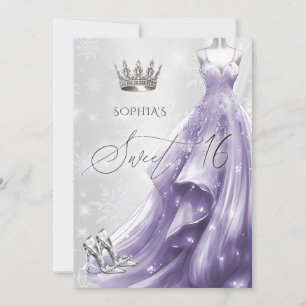 Invitation Robe violette argentée Snowflakes Winter Sweet 16