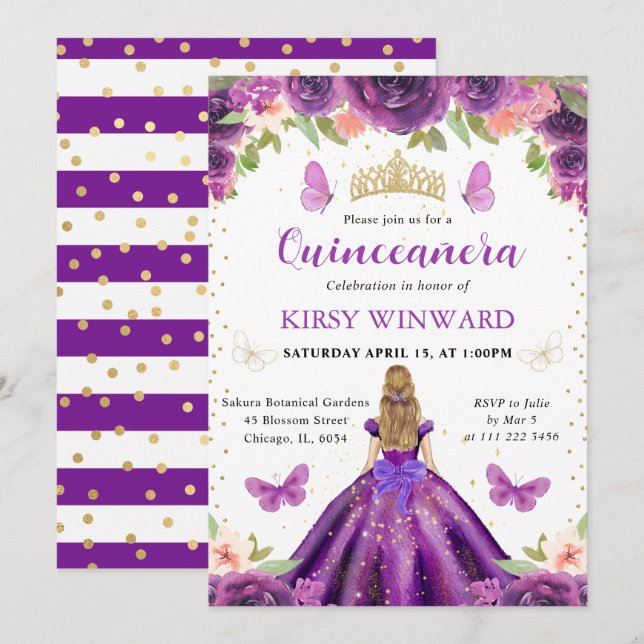 Invitation Robe violette Blonde Princesse Quinceanera (Devant / Derrière)