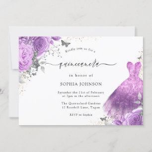 Invitation Robe violette et argentée et papillon Rose Quincea