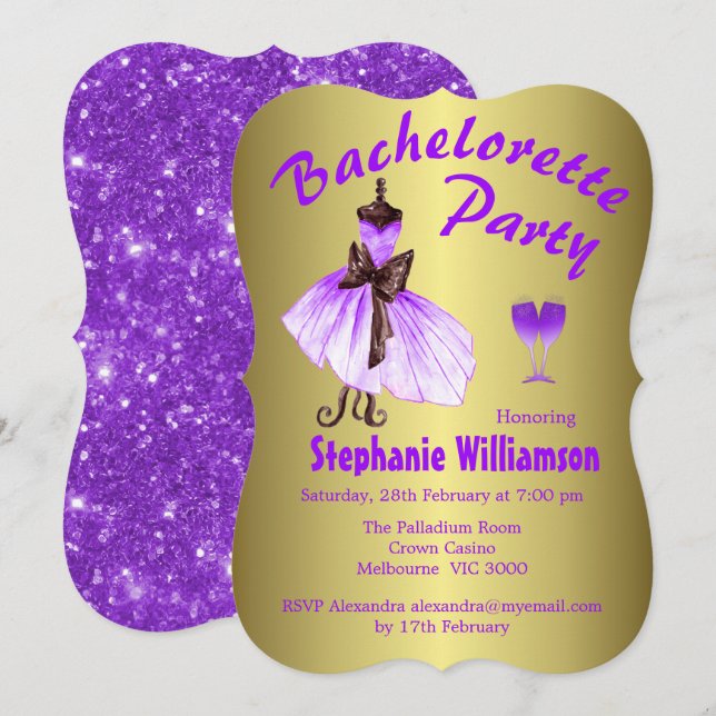 Invitation Robe violette et Parties scintillant Bachelorette  (Devant / Derrière)