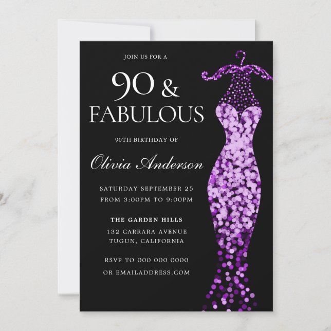 Invitation Robe violette glamour Fabuleux 90e anniversaire (Devant)