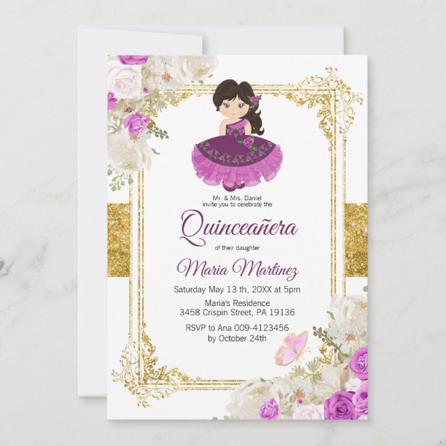 Invitation Robe violette Mexicaine Charra Mis XV Anos 1 (Devant)