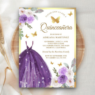 Invitation Robe violette papillon floral or Quinceanera