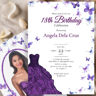 Invitation Robe violette Papillons Tenue de soirée 18e annive