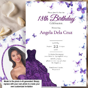 Invitation Robe violette Papillons Tenue de soirée 18e annive