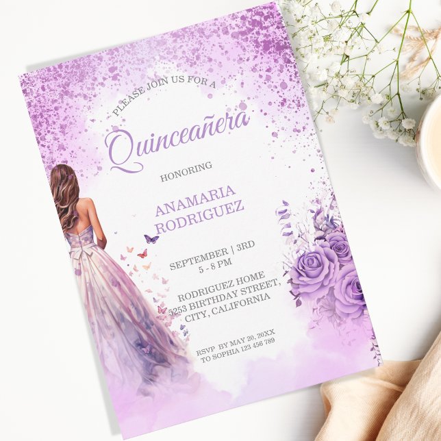 Invitation Robe violette pour Quinceañera papillons floraux (lavender purple roses and dress with butterflies)