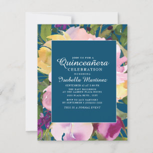 Invitation Robes de Quinceañera bleu marine à fleurs jaunes e