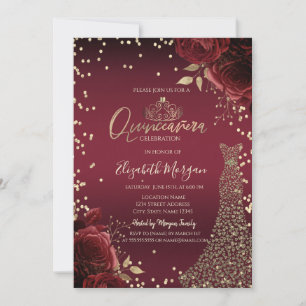 Invitation Robes Diamants Or Roses Rouge Foncé  Quinceañera