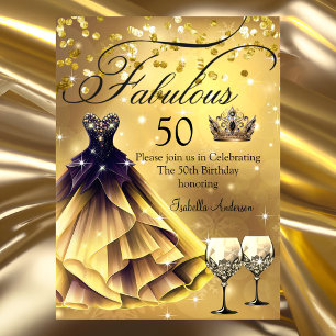 Invitation Robes noires dorées Fabulous 50 Anniversaire Reine