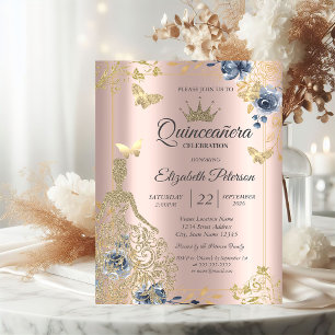 Invitation Robes,Papillons Fleurs Rose Gold Quinceañera