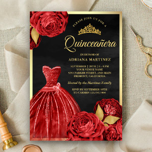 Invitation Robes scintillantes roses rouges or noir Quinceane