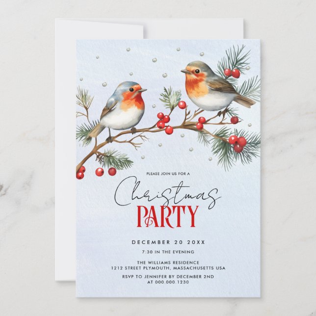 Invitation Robin birds, branch and berries Christmas holiday (Devant)