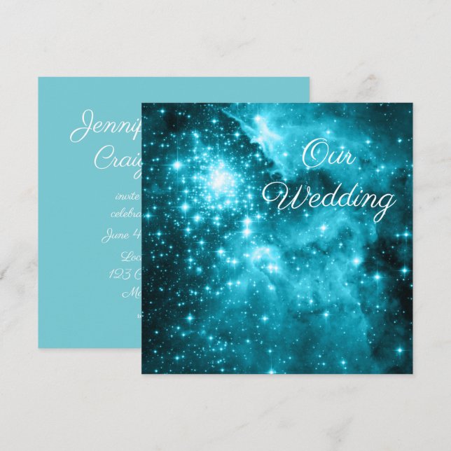 Invitation Robin Oeuf Bleu et Aqua Stars Mariage céleste (Devant / Derrière)