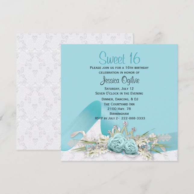 Invitation Robins Oeuf Bleu Roses doux 16 Anniversaire Invita (Devant / Derrière)