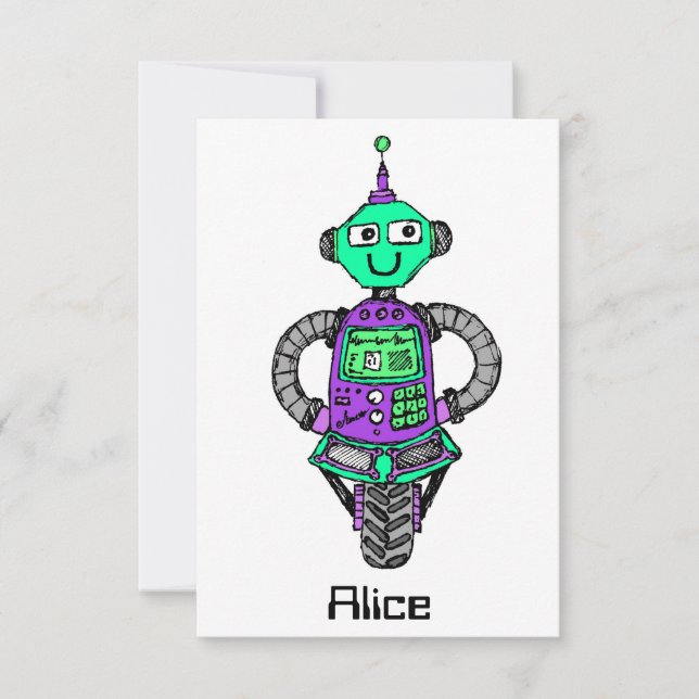 Invitation Robot Arnie, violet et vert (Devant)