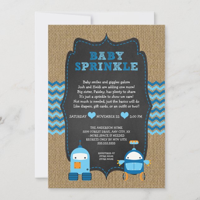 Invitation ROBOT BOY baby sprinkboard / burlap chalkboard RUS (Devant)