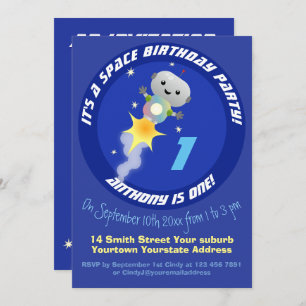 Invitation Robot dans l'espace dessin animé 1er anniversaire 