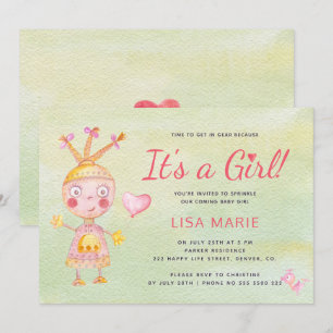 Invitation Robot mignon aquarelle rose c'est une fille shower