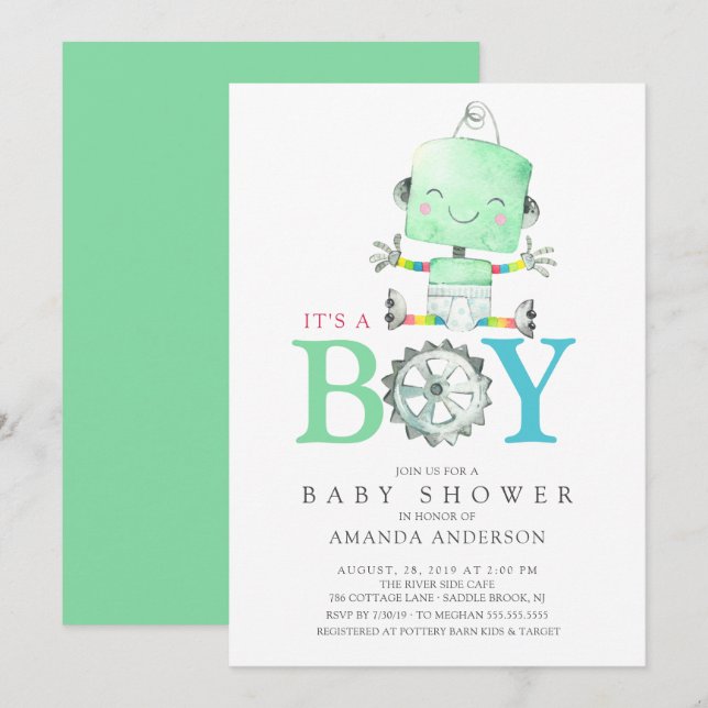 Invitation Robot mignon C'est un Baby shower garçon (Devant / Derrière)
