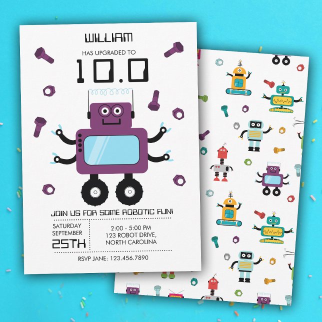 Invitation Robot violet mignon thème Enfants Robots fête d'an (Cute Purple Robot Theme Kids Robots Birthday Party Invitation)