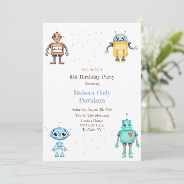 Invitation Robots colorés branchés Boy Birthday Party (Debout devant)