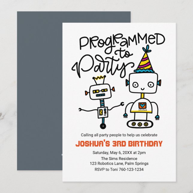 Invitation Robots, programmés pour la fête (Devant / Derrière)