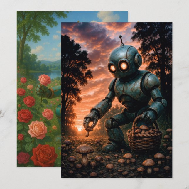 Invitation Robots récoltant des champignons et cueillant des  (Devant / Derrière)