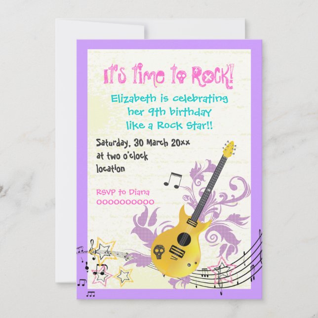 Invitation Rocher star girly électrique guitare anniversaire (Devant)