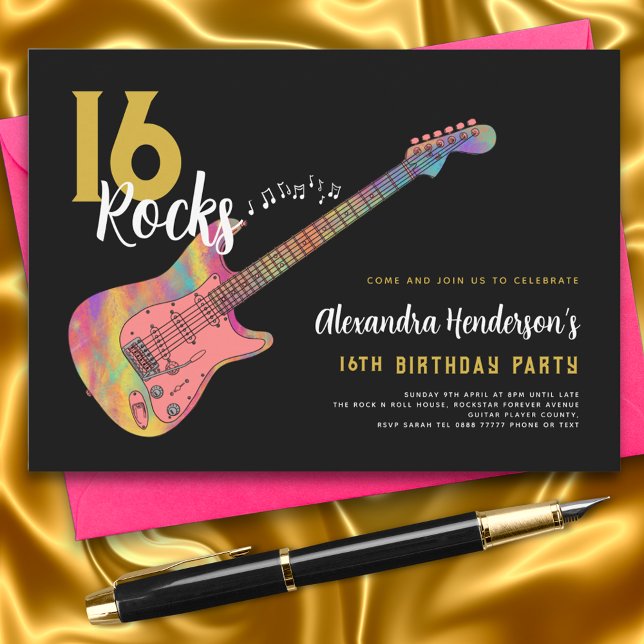 Invitation Rock and Roll 16e anniversaire (Rock and roll 16th birthday party black and gold invitation )