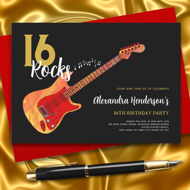 Invitation Rock and Roll 16ème anniversaire fête 16 rochers (16 rock electric guitar 16th birthday black and gold invitation)