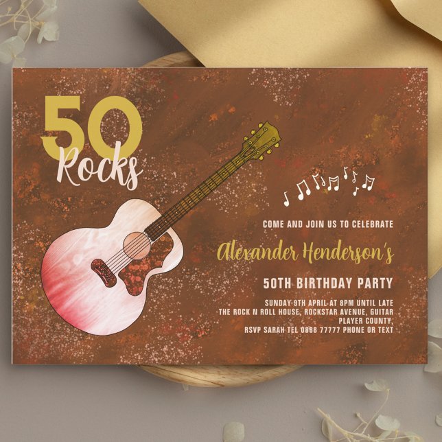 Invitation Rock and Roll 50e Anniversaire Guitare Rustique Br (50 Rocks Country Guitar 50th birthday party invitation gold and brown for him)
